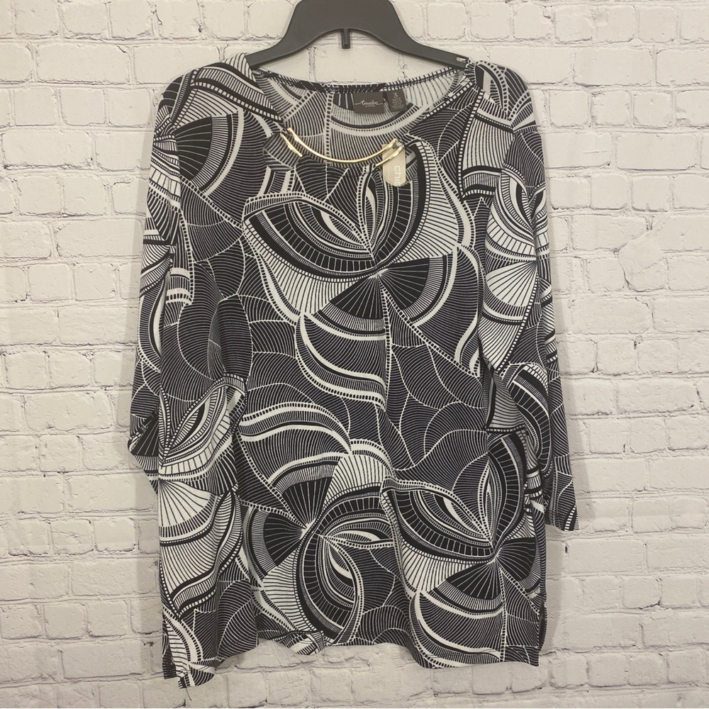 Travelers By Chicos Womens Shirt sz 3 Butterfly Hardware Neck Tunic 3/4 Sleeve